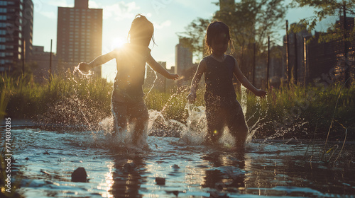 Happy children playing in a puddle. © Janis Smits