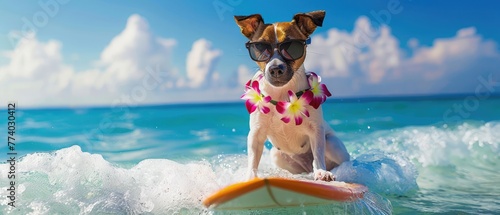 jack russell dog surfing on a wave , on ocean sea on summer vacation holidays, with cool sunglasses and flower chain © Muhammad