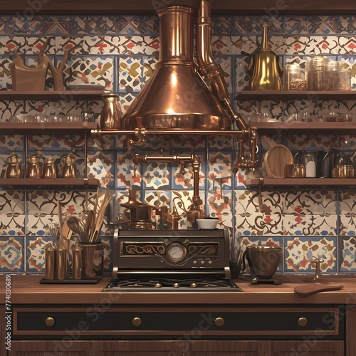 Revive a bygone era with this charming vintage kitchen scene featuring steam-powered gadgets and appliances.