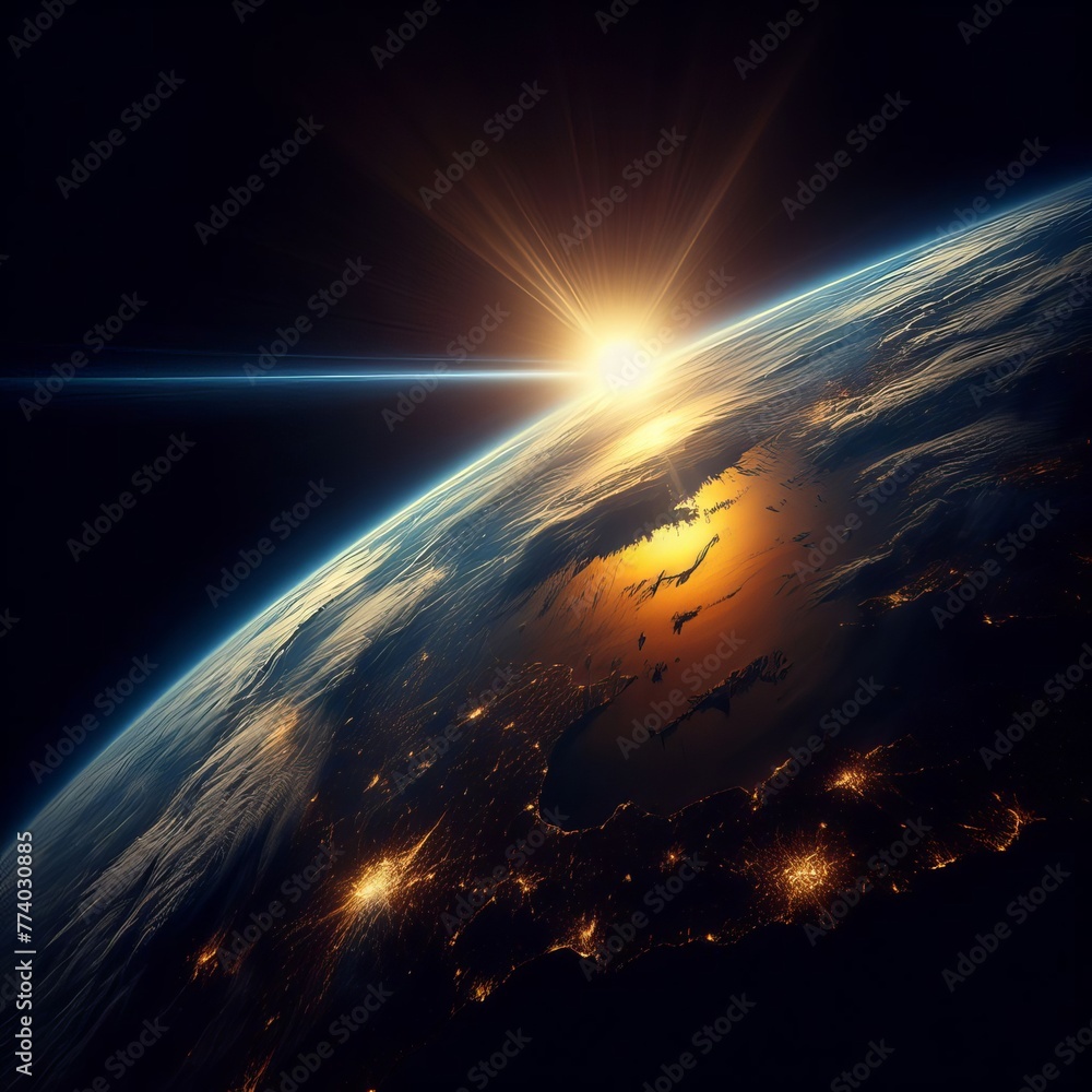 Earth during the golden hour with the sun casting a warm glow over the continents and oceans AI generation