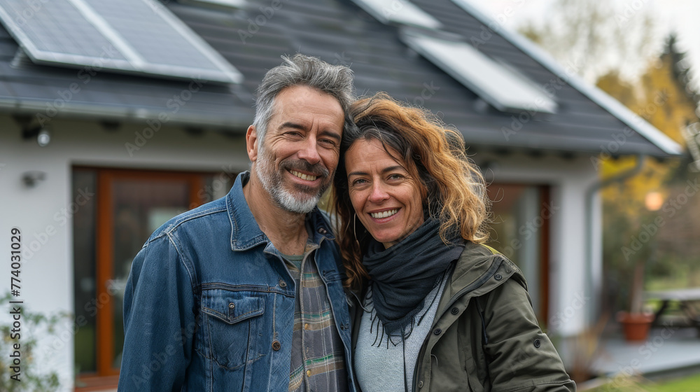 Happy Mature Couple in Front of Their Eco-Friendly Home with Solar Panels