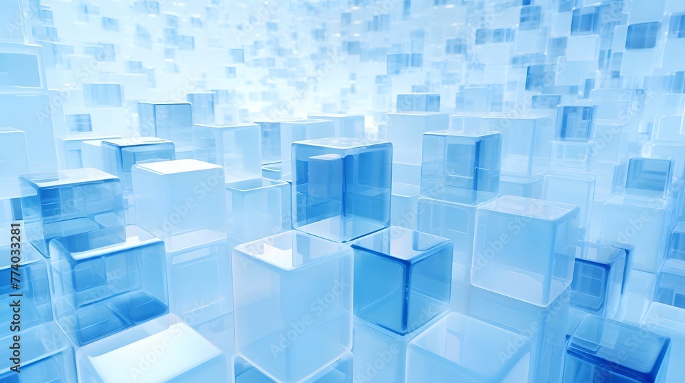 Abstract Design Background, Various blue and white cubes on white background, hi-tech futuristic style, faceted shapes, futuristic, geometric shapes. For Design, Background, Cover, Poster, Banner, PPT Abstract Design Background, Various blue and white cubes on white background, hi-tech futuristic style, faceted shapes, futuristic, geometric shapes. For Design, Background, Cover, Poster, Banner, PPT