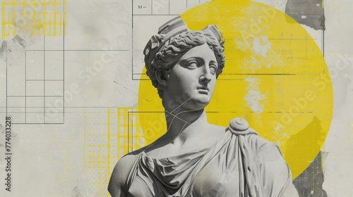 Antique statue of roman or greek culture. Creative portrait. AI generated. Vintage renaissance head halftone sculpture, abstract ancient classic collage