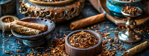 Cigar production.. Tobacco and cigar making equipment are beautifully laid out on a wooden surface.