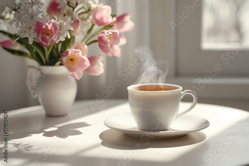 Serene Morning Coffee Scene with Sunlight and Blooming Flowers