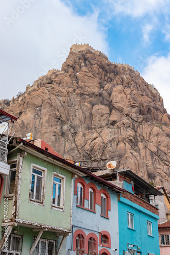 Historical Afyonkarahisar houses and Afyonkarahisar castle (Karahisar Castle) photo