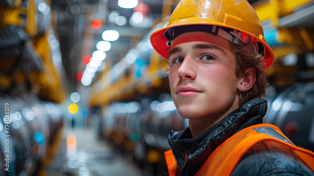 Young Man in Hard Hat and Safety Vest at Work Site Young Man in Hard Hat and Safety Vest at Work Site