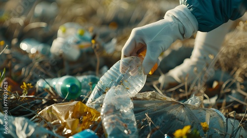 A hand in a white glove reaches into a bag of trash to pick up a plastic bottle.
