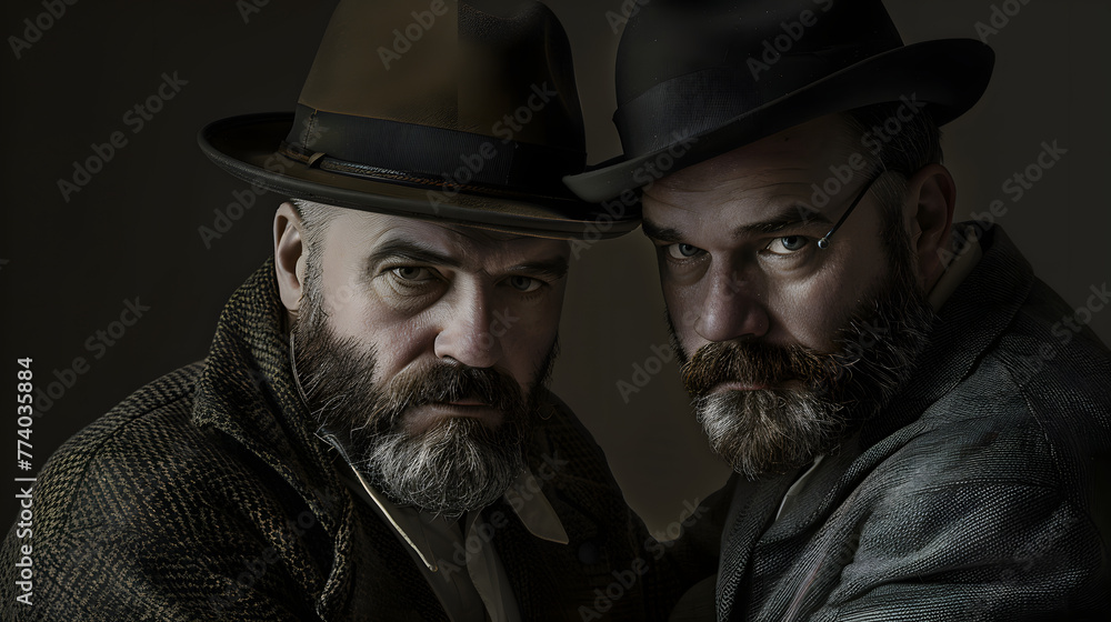 two men in hats are on a black and white background two men in hats are on a black and white background