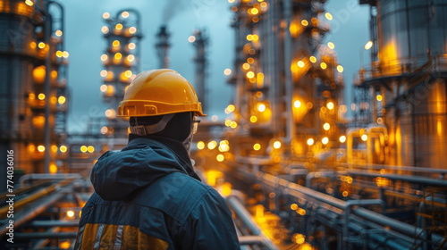 Engineer in Hard Hat Inspecting Oil Refinery