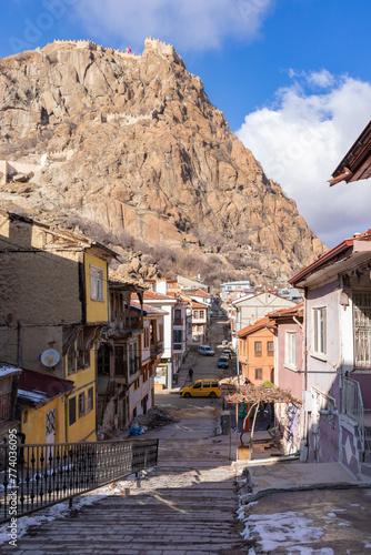 Historical Afyonkarahisar houses and Afyonkarahisar castle (Karahisar Castle) photo