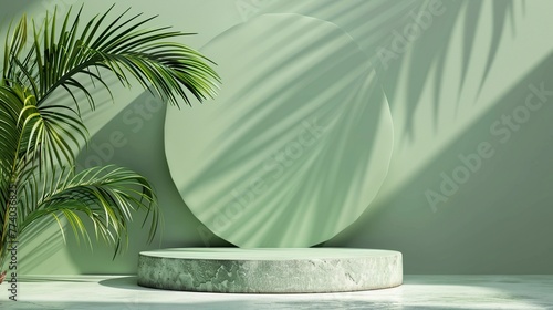 Circular Podium with a Palm Shadow in Refreshing Green. Modern and Invigorating Presentation Concept.