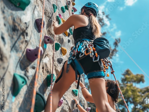 A group of friends rock climbing together on a sunny day at an outdoor climbing wall