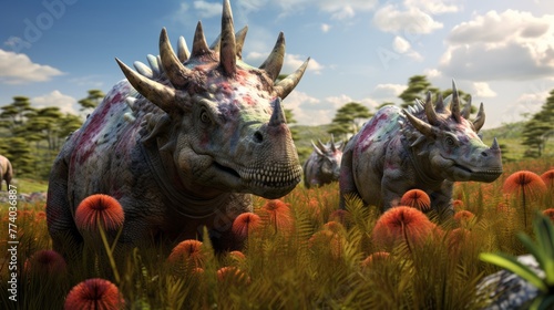 Two dinosaurs with horns and a flower field in the background