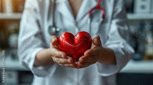 Hands of holding red heart, showing symbol of love, human support to patient, promoting medical insurance, early checkup for healthcare, cardiologist help. Close up of object photo