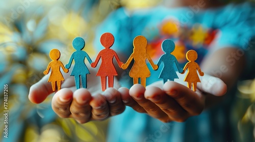 Hands holding paper family cutout, family home,life insurance, adoption foster care, homeless support , mental health, homeschooling education