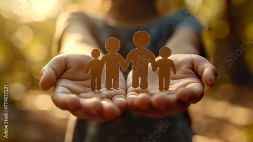 Hands holding paper family cutout, family home,life insurance, adoption foster care, homeless support , mental health, homeschooling education photo