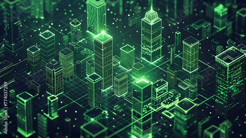 Isometric view of a digital city with green and white wireframe buildings