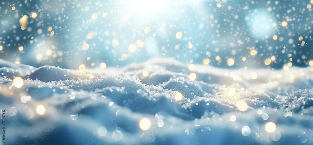 Fototapeta premium Winter Snow, Soft Bokeh Lights, Cold Blue Background with copy space