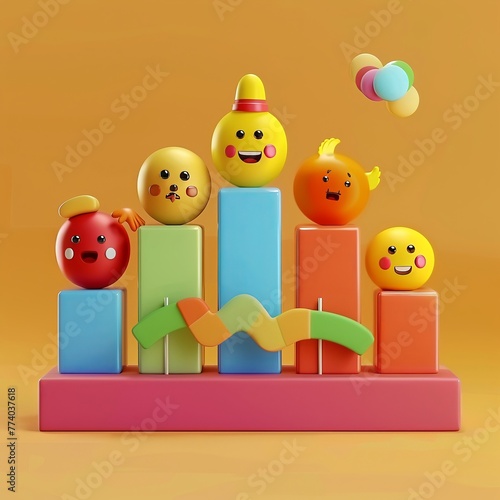 3D render icon Bar chart with cute characters representing business sectors icon 3d business