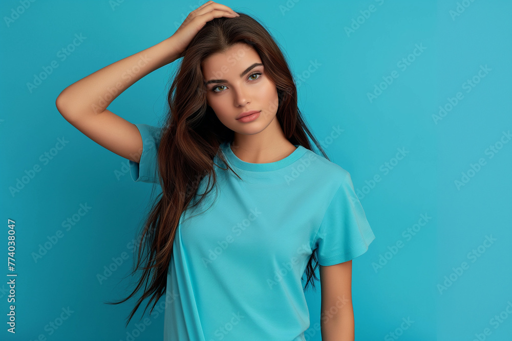 Confident Young Woman in Blue T-Shirt, Casual Fashion, Vibrant Background Confident Young Woman in Blue T-Shirt, Casual Fashion, Vibrant Background