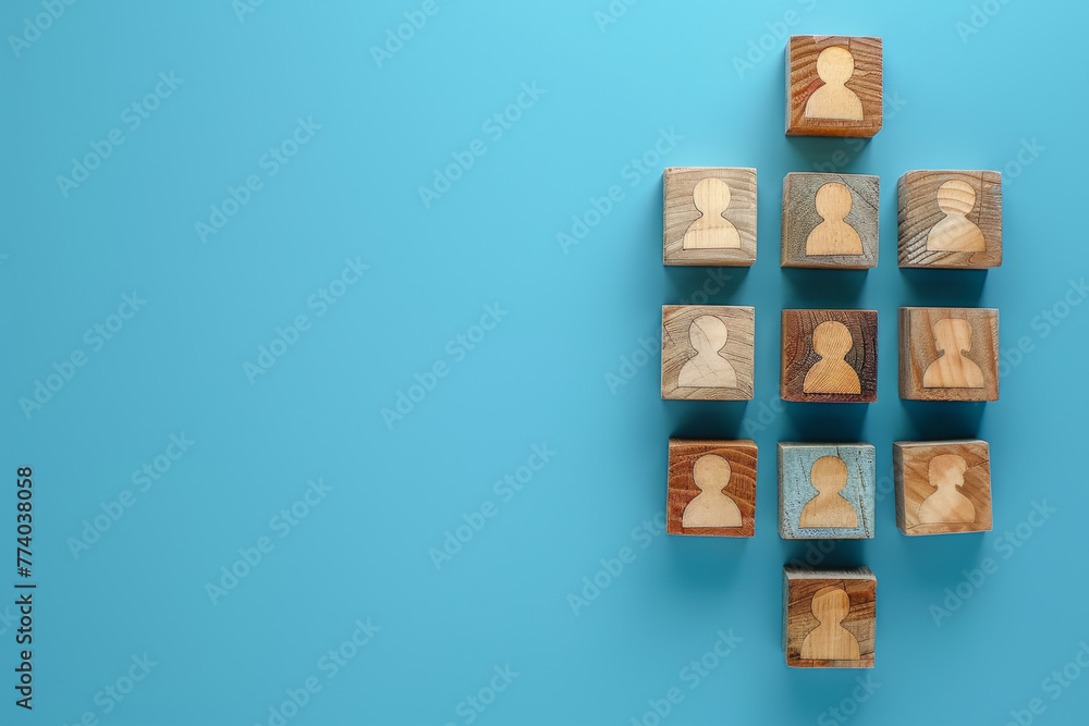 Diverse Teamwork and Networking Concept with Wooden Blocks on Blue Background