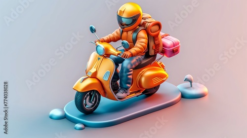 An illustration of a motorcyclist in full gear riding a scooter amidst abstract colorful shapes and a fluid, dynamic background