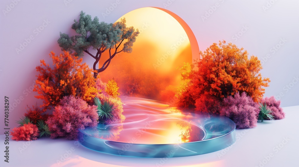 This image depicts a serene river flowing under a large, radiant sunset, surrounded by lush, colorful foliage and trees in a surreal setting This image depicts a serene river flowing under a large, radiant sunset, surrounded by lush, colorful foliage and trees in a surreal setting