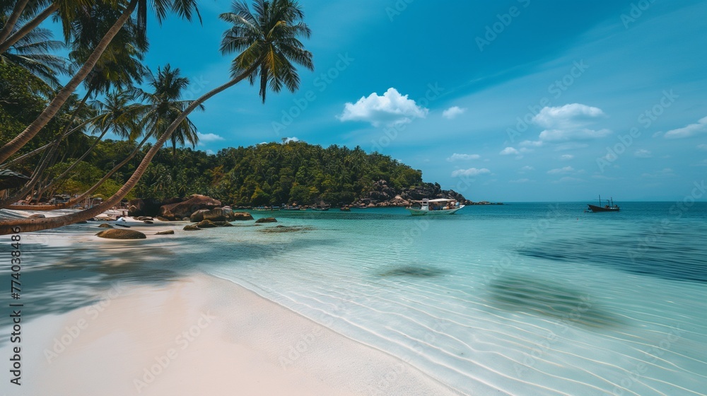 Tropical Paradise Beach with Palm Trees and Clear Blue Water.Generative AI illustration