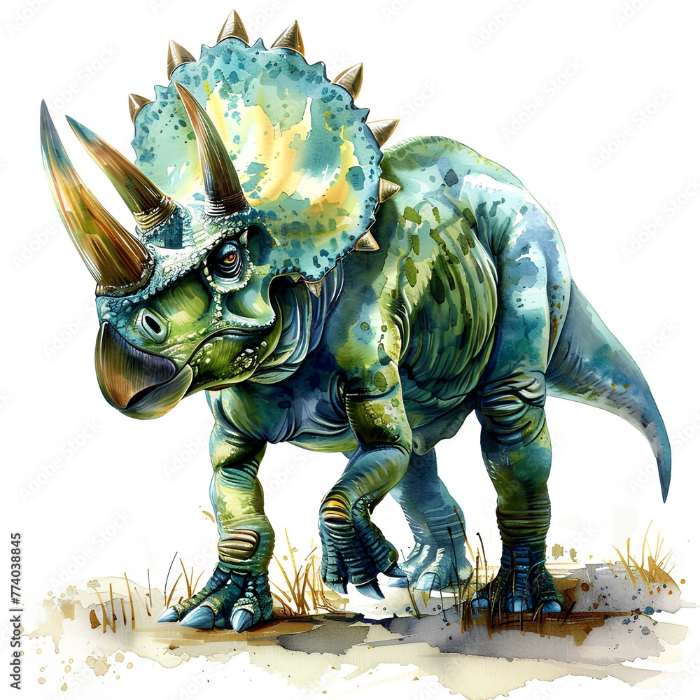 Fototapeta premium Triceratops on white background, watercolor illustration generated with AI