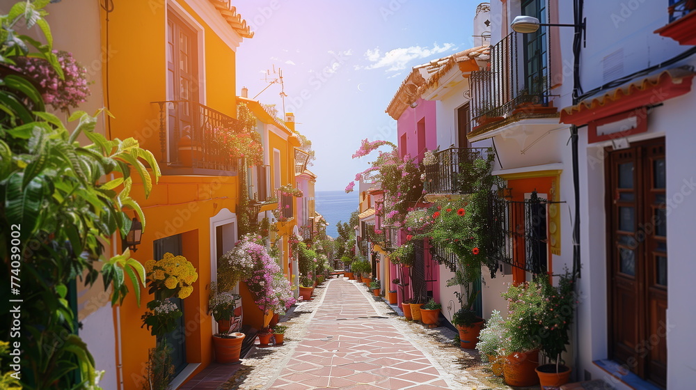 Obraz premium Cobblestone Street With Potted Plants