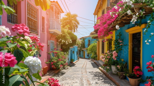Colorful Buildings and Flowers on a Narrow Street © Prostock-studio