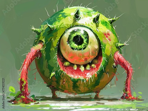Watermelon beast, single large eye, fantasy doodle, lively green and red, angled shot, playful mood photo