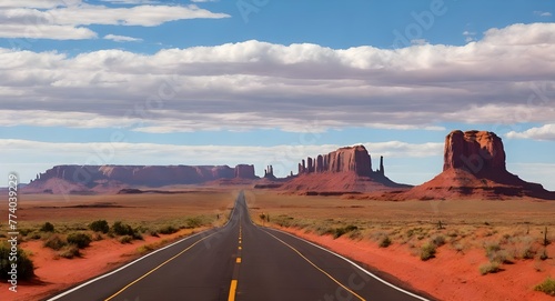 This is Route 163 that runs through the Navajo Indian Reservation. The road runs up the middle and gets smaller into infinity. The red rocks of Monument Valley are in the background. The scrub plants  photo