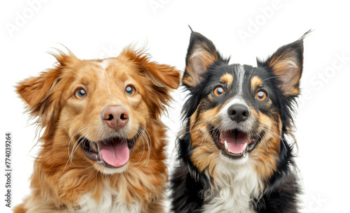 Adorable  Alert Dogs  Fluffy Golden and Tricolor Canine Duo Isolated on White