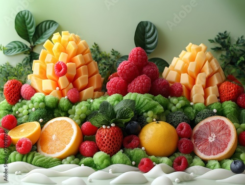 Creative fruit arrangement resembling mountain landscape  dietary and nutritional concept
