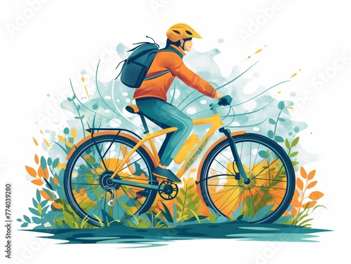 Illustration of a cyclist riding in nature for wellness coaching, eco-friendly transportation concept © CG Design