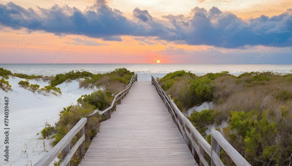 Long Boardwalk Leading To The White Sand Beach And