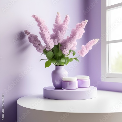 round podium of pale lilac color with a tube of cosmetics and a jar of cream without labels on a white background