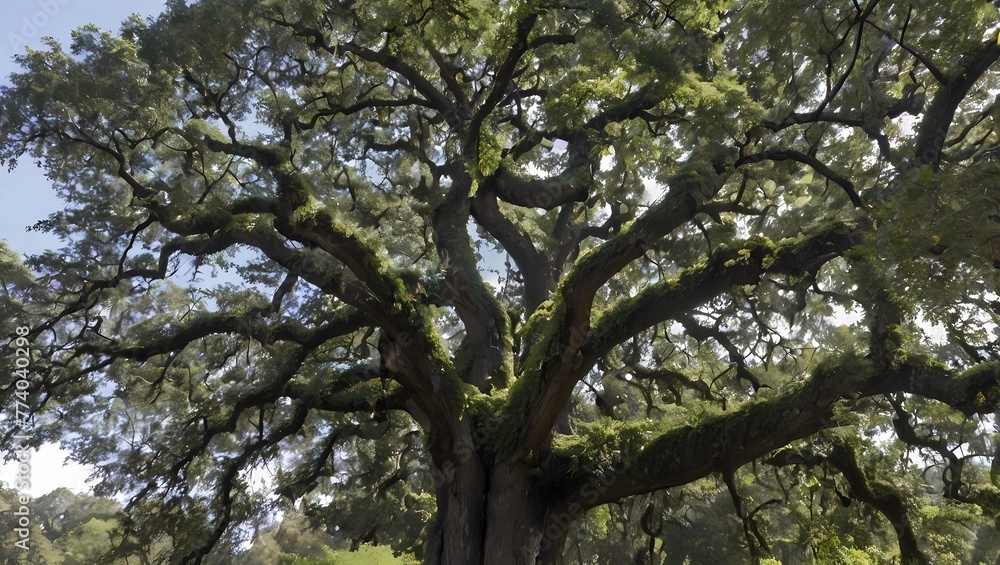A towering oak tree with branches reaching for the sky