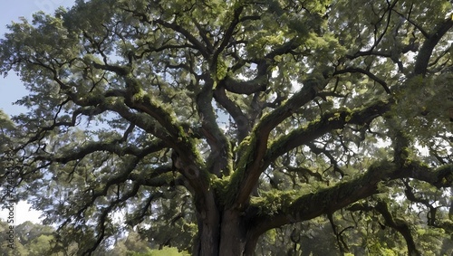 A towering oak tree with branches reaching for the sky