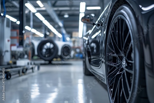 Close-up of a black luxury car's wheel with more vehicles in the blurred background at a modern car showroom.