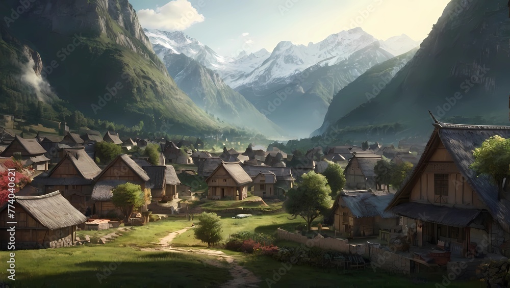 A tranquil village nestled in a valley surrounded by mountains