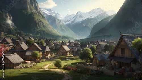 A tranquil village nestled in a valley surrounded by mountains