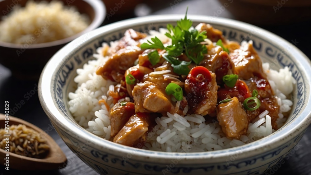 Rice with chicken teriyaki. Steaming rice and chicken meal Generative AI. Rice with chicken teriyaki. Steaming rice and chicken meal Generative AI.