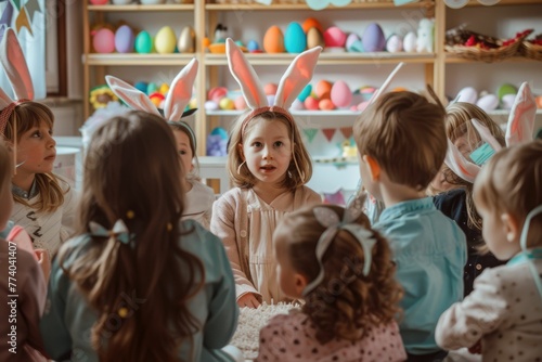 A group of young girls wearing bunny ears are sitting around a table, sharing Easter eggs and building art. The tableware on the shelf sets the scene for a fun and leisurely event in the room AIG42E