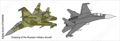 Vector drawing of a russian military aircraft.
General view of a war plane fighter bomber.
Top, side, front views. Cad scheme.
Model, contour, sketch.