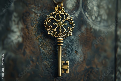 Vintage key and cross on a door, symbolizing security and religion