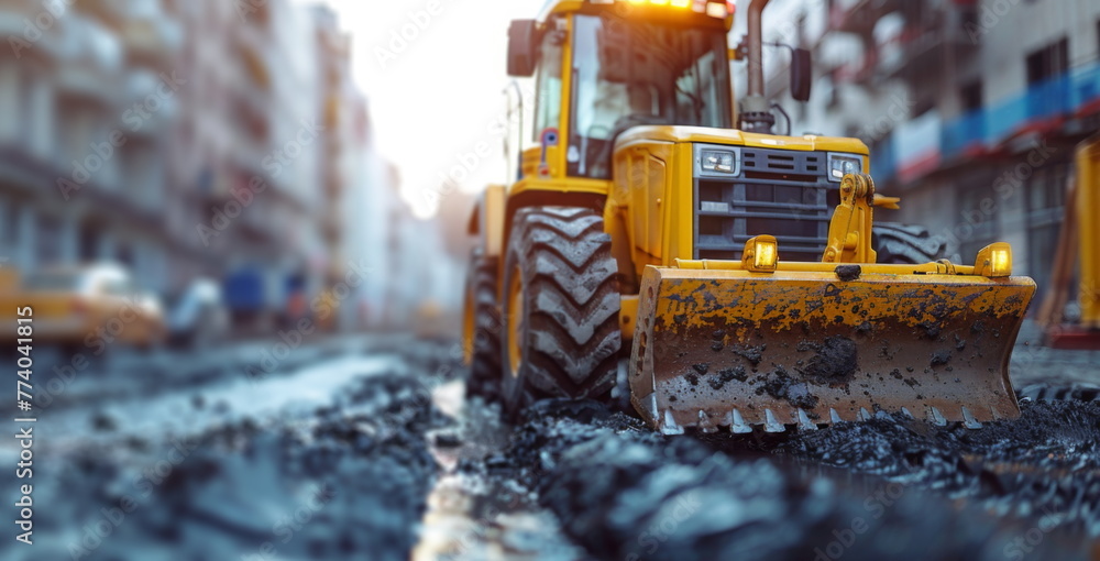Yellow Bulldozer Driving Down Street Next to Tall Buildings Yellow Bulldozer Driving Down Street Next to Tall Buildings