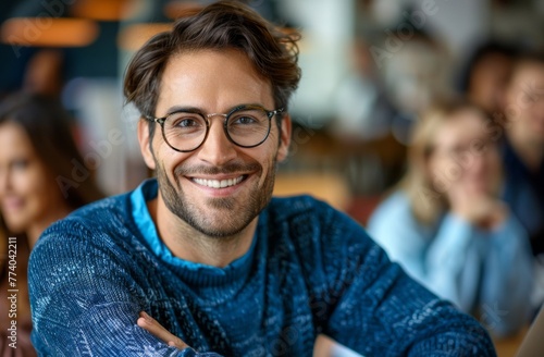 a smiling man with a blue sweater and glasses in a office